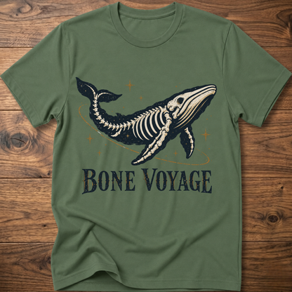 Military green whale graphic t-shirt with 'Bone Voyage' text and skeleton whale front print