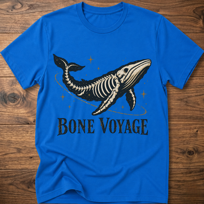 Royal blue whale graphic t-shirt with 'Bone Voyage' text and skeleton whale front print