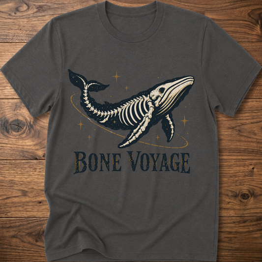 Charcoal whale graphic t-shirt with 'Bone Voyage' text and skeleton whale front print