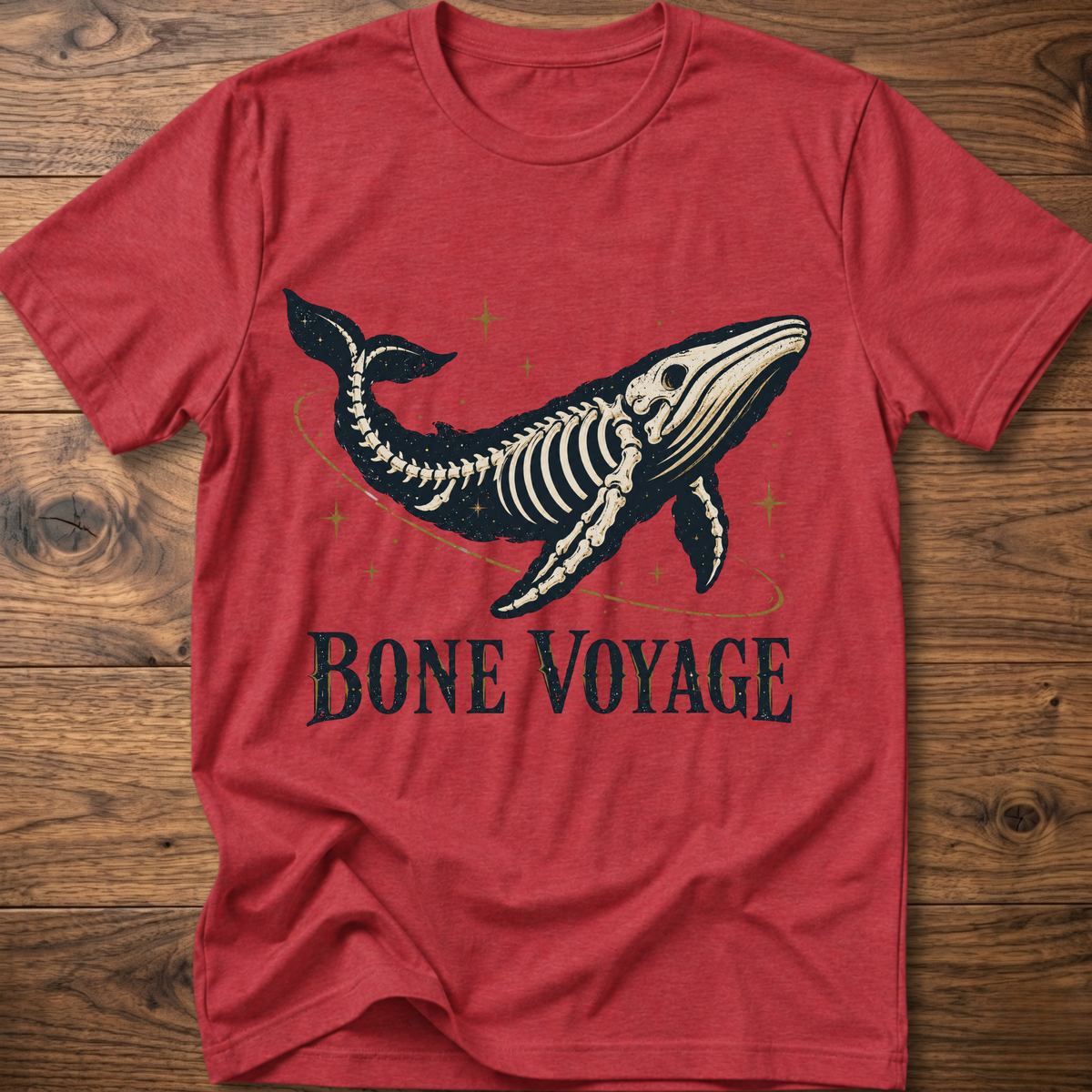 Red whale graphic t-shirt with 'Bone Voyage' text and skeleton whale front print