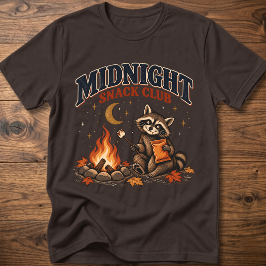 Dark brown T-shirt with “Midnight Snack Club” raccoon roasting a marshmallow by a campfire graphic