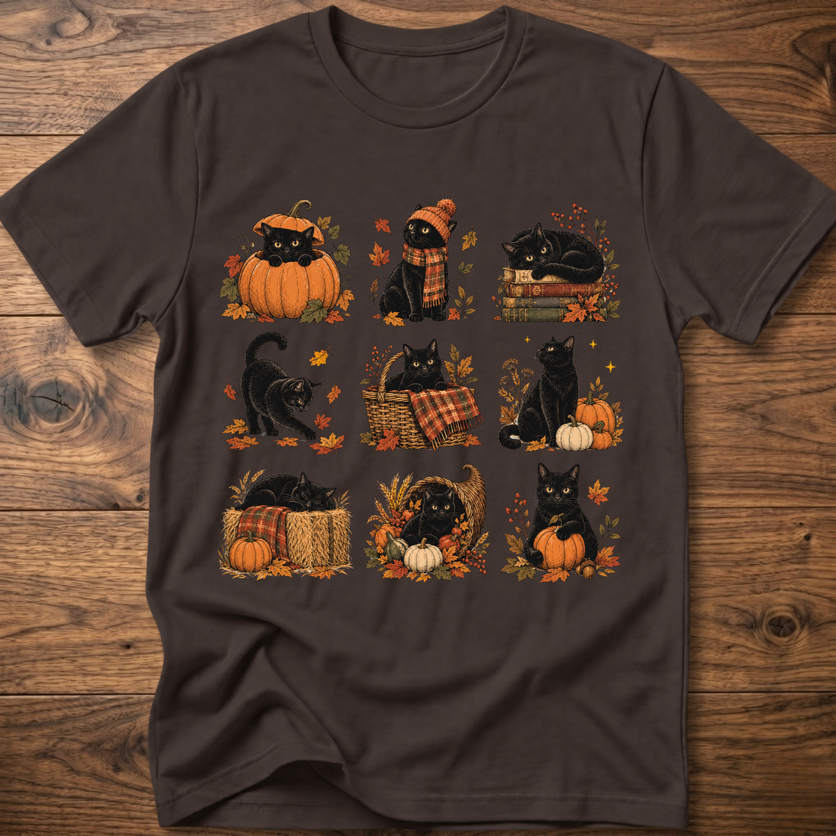 Charcoal cats in autumn graphic T-shirt with pumpkin and scarf cat illustrations
