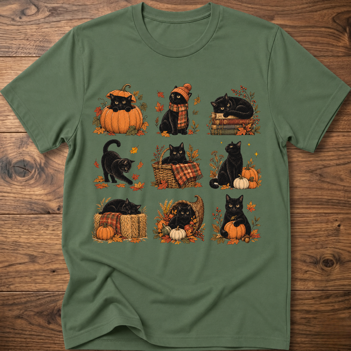 Green cats in autumn graphic T-shirt featuring cats with pumpkins and fall leaves