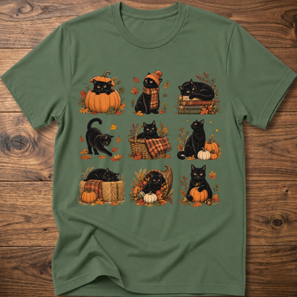 Green cats in autumn graphic T-shirt featuring cats with pumpkins and fall leaves