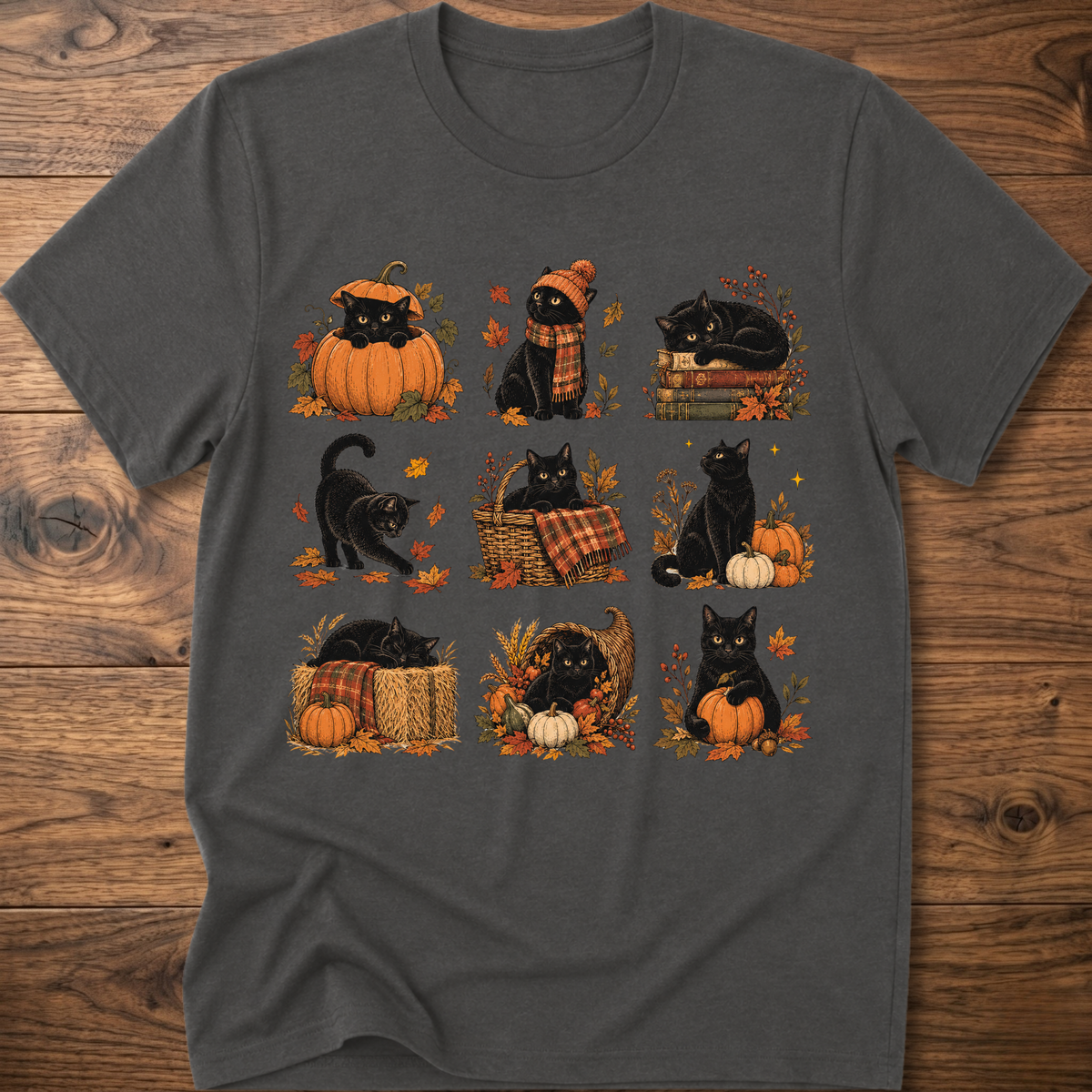 Dark gray cats in autumn graphic T-shirt with pumpkin cat designs and leaves