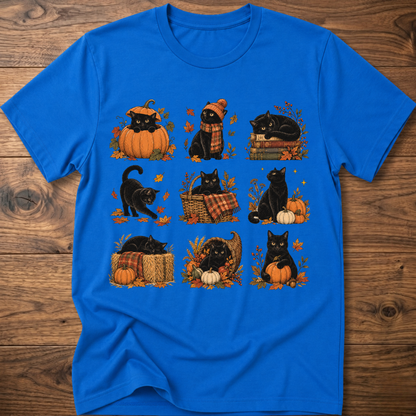 Royal blue cats in autumn graphic T-shirt with pumpkin, scarf, and leaf cat art