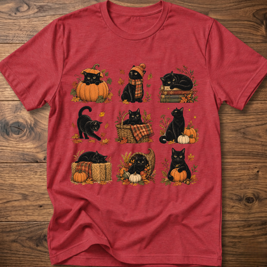 Red cats in autumn graphic T-shirt with nine cat scenes, pumpkins, and autumn leaves