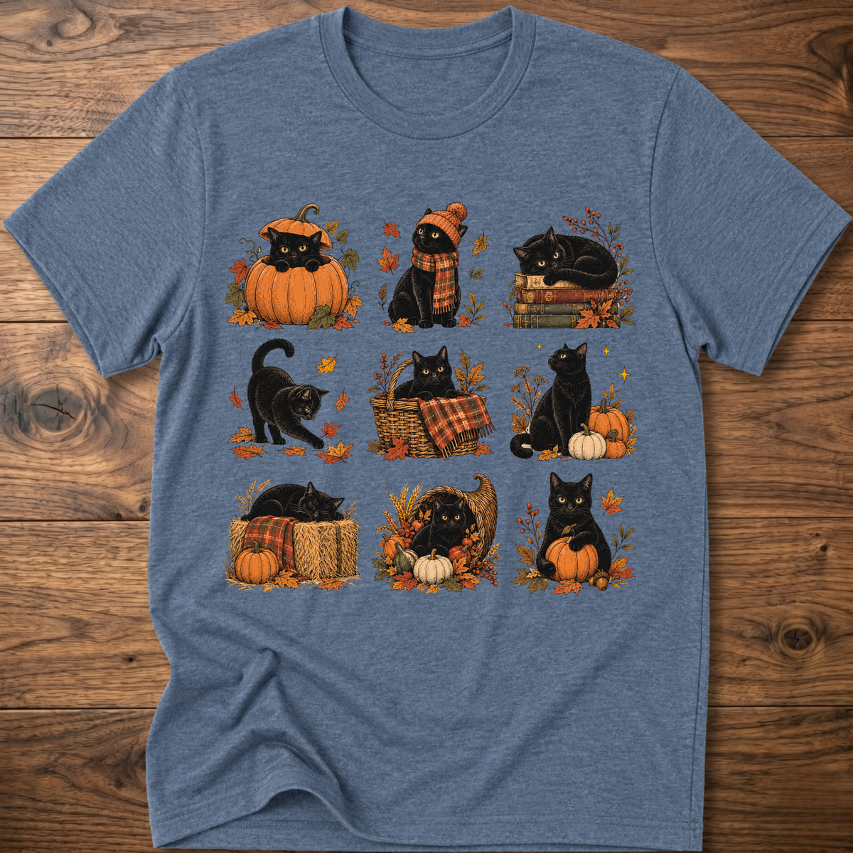 Blue cats in autumn graphic T-shirt with multiple cat illustrations and pumpkins