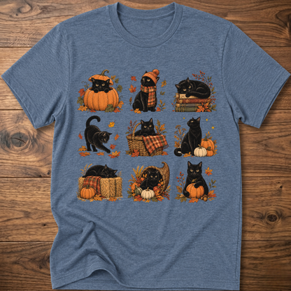 Blue cats in autumn graphic T-shirt with multiple cat illustrations and pumpkins