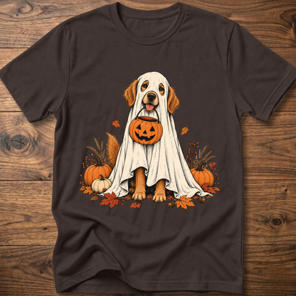 Halloween ghost dog graphic T-shirt, dark brown with front dog in ghost costume