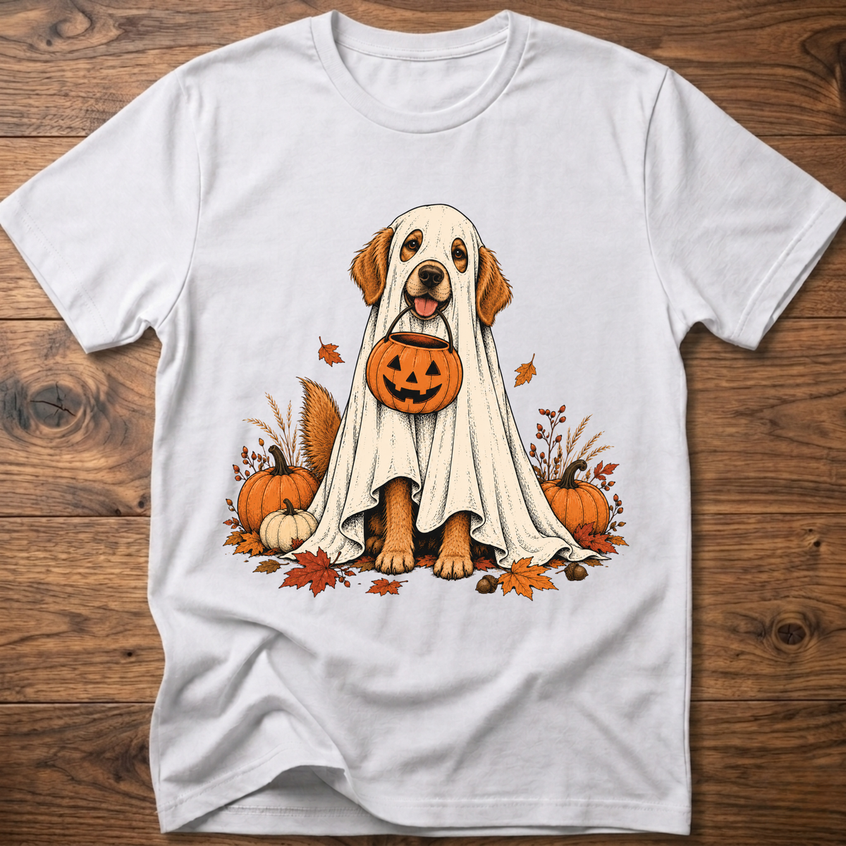 Halloween ghost dog graphic T-shirt, white with front dog in ghost costume
