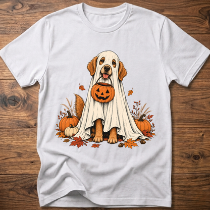 Halloween ghost dog graphic T-shirt, white with front dog in ghost costume