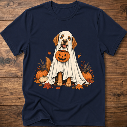 Halloween ghost dog graphic T-shirt, navy blue with front dog in ghost costume