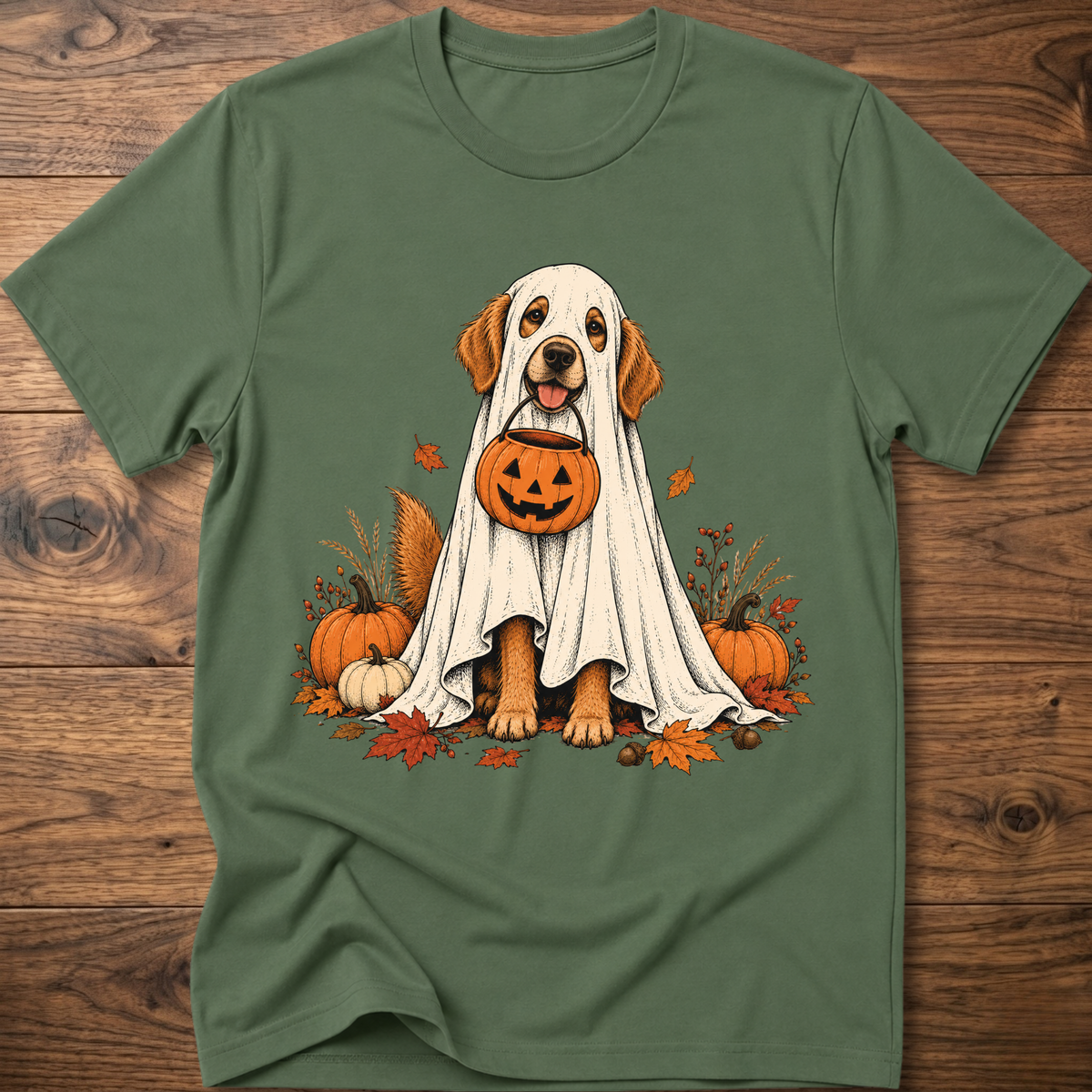 Halloween ghost dog graphic T-shirt, military green with front dog in ghost costume