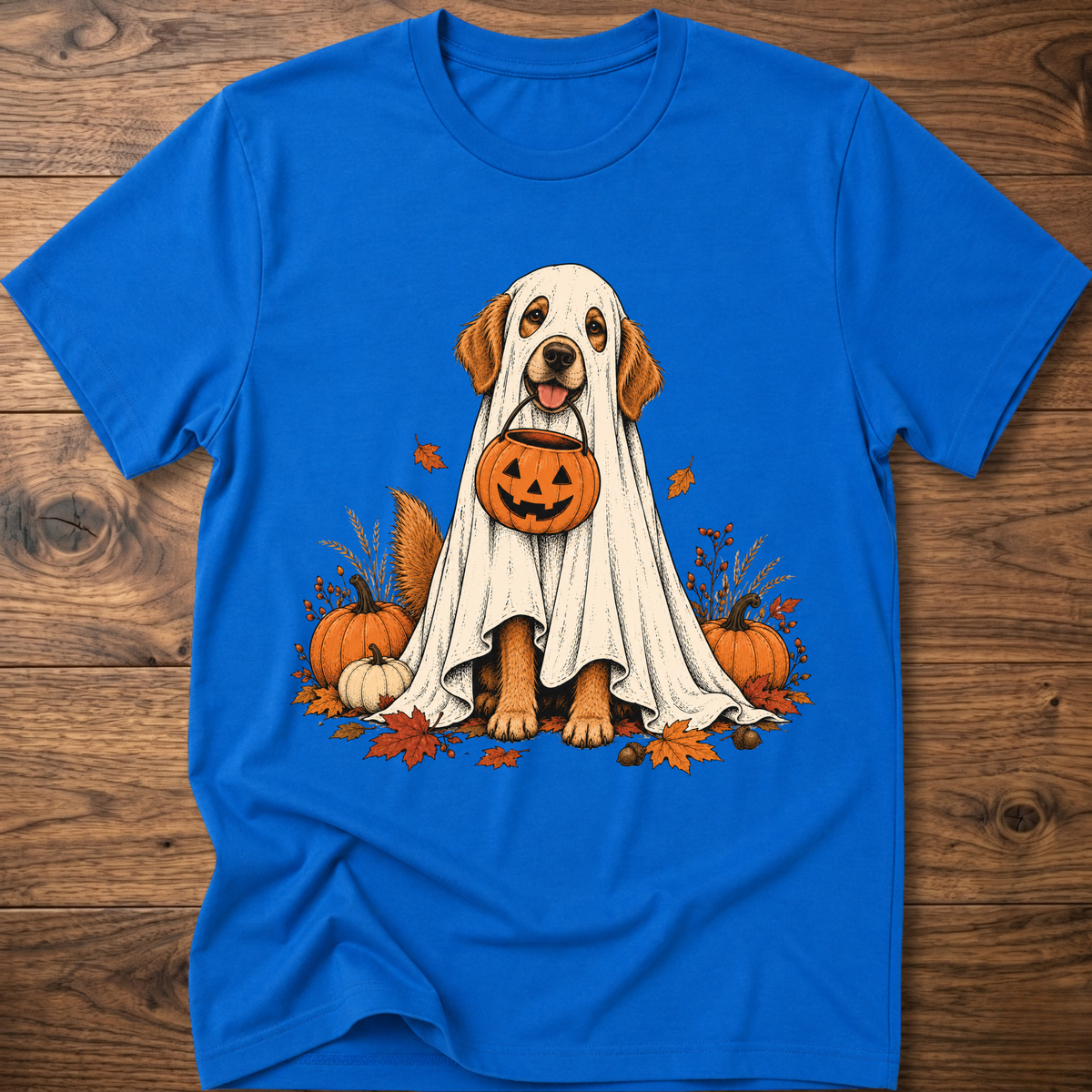 Halloween ghost dog graphic T-shirt, royal blue with front dog in ghost costume