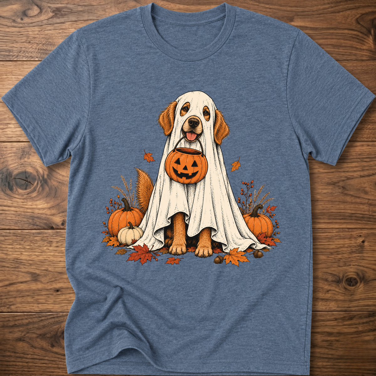 Halloween ghost dog graphic T-shirt, heather blue with front dog in ghost costume