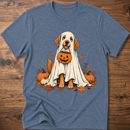 Halloween ghost dog graphic T-shirt, heather blue with front dog in ghost costume