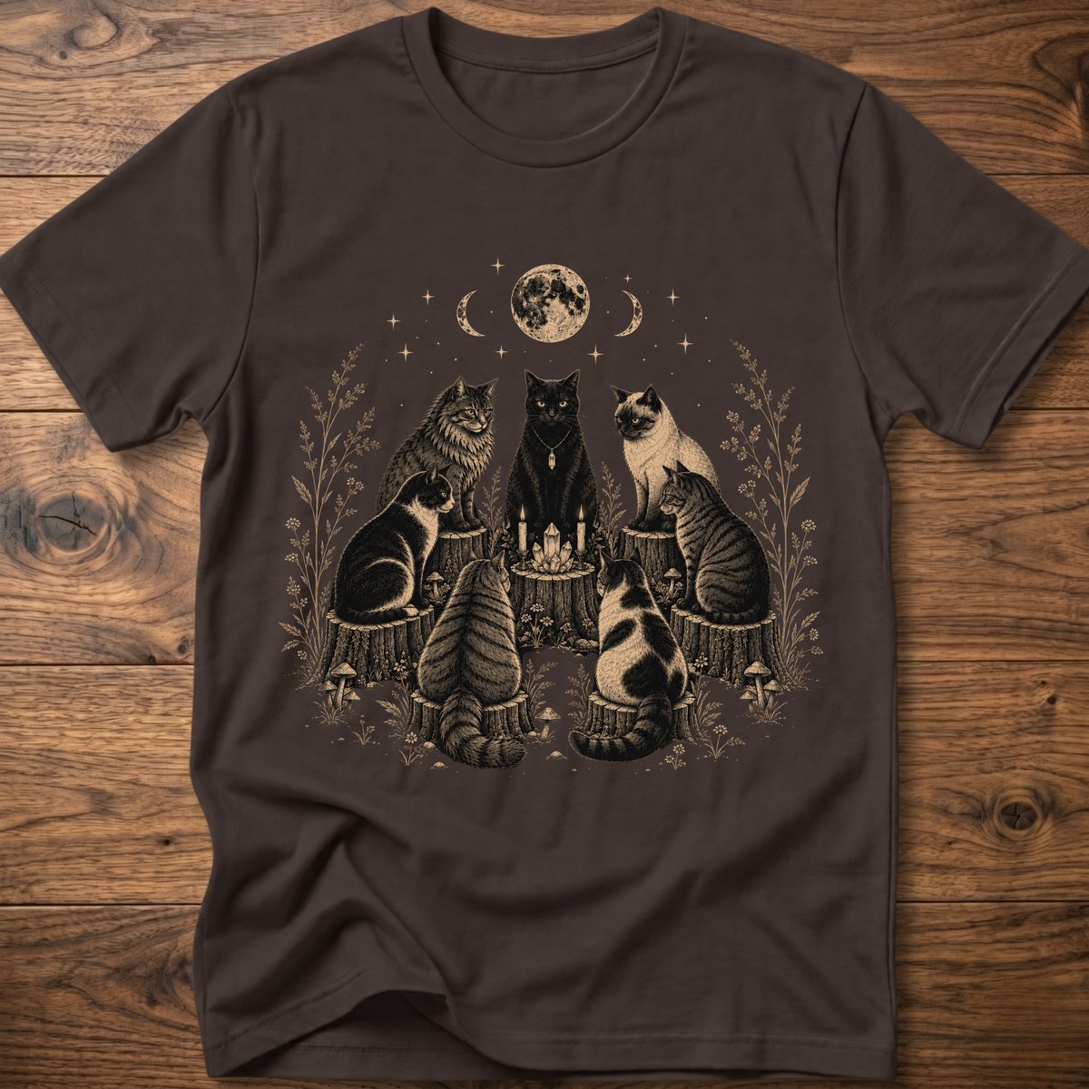 Dark brown t-shirt with moonlit cat coven graphic: cats around a candle set, crew neck