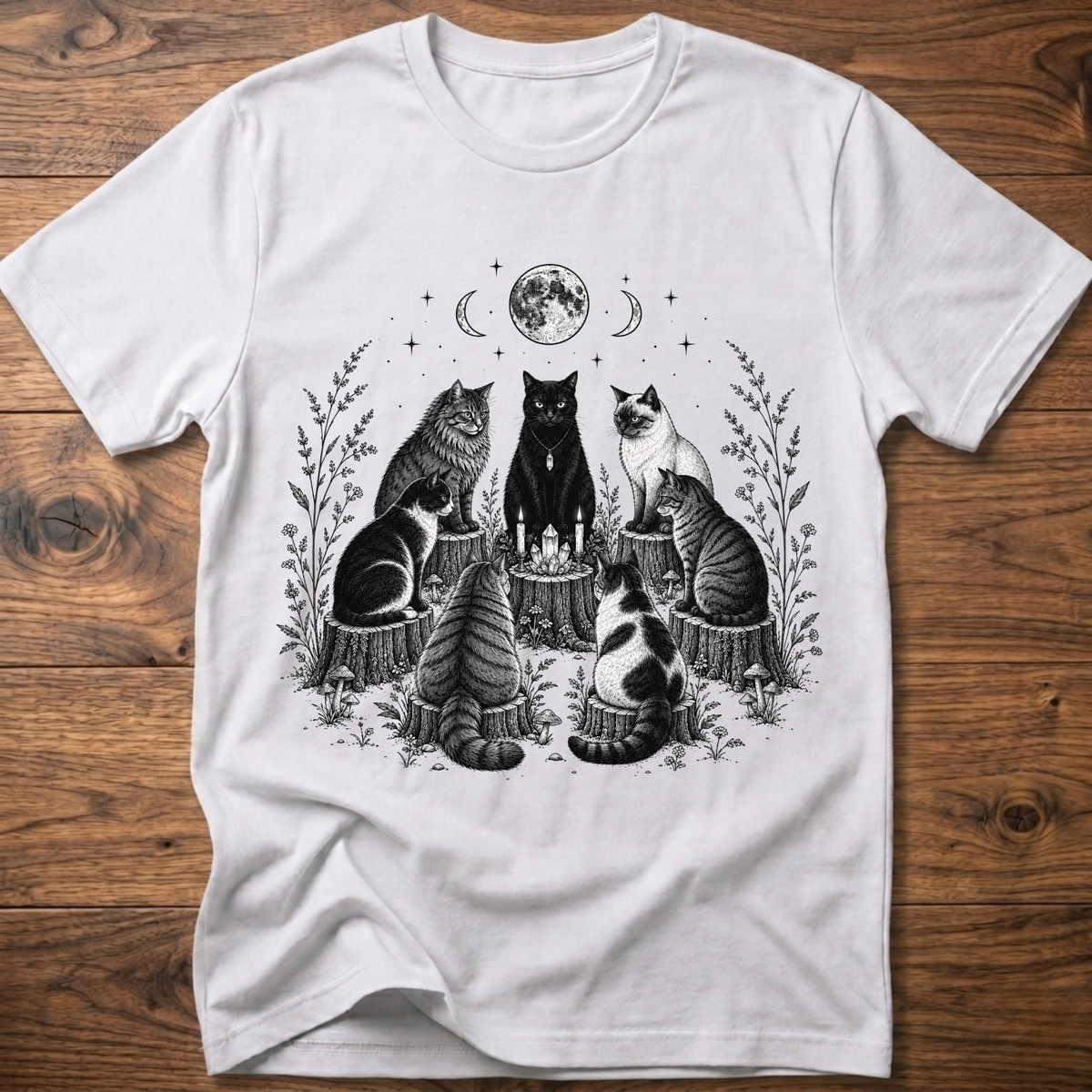 White t-shirt with moonlit cat coven illustration and candles, crew neck short sleeves