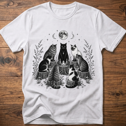 White t-shirt with moonlit cat coven illustration and candles, crew neck short sleeves