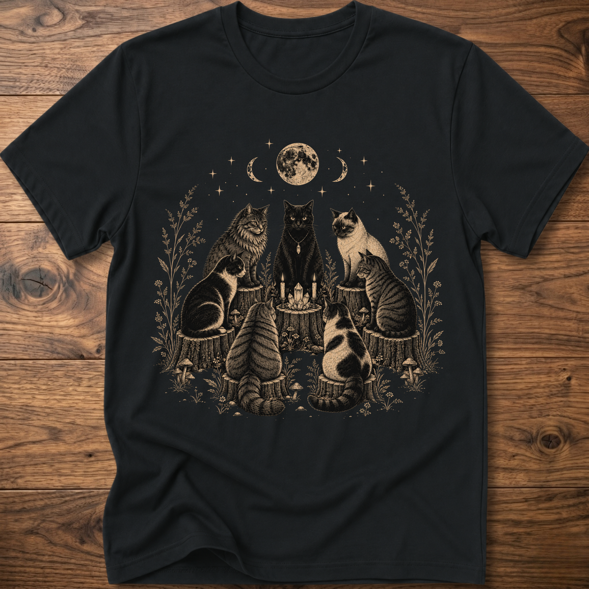 Black t-shirt with moonlit cat coven graphic and candles, crew neck short sleeves