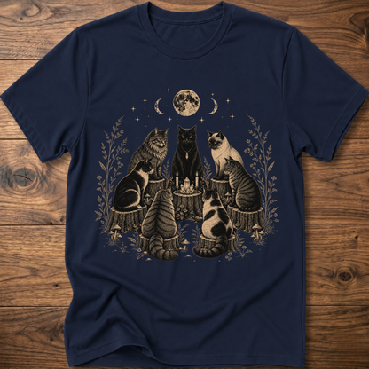Navy t-shirt with moonlit cat coven illustration and candles, crew neck short sleeves