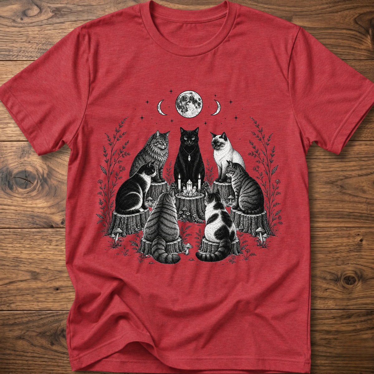 Red t-shirt with moonlit cat coven graphic: cats with candles, crew neck short sleeves
