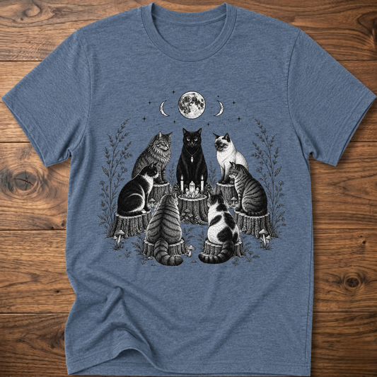 Blue t-shirt with moonlit cat coven illustration and candles, crew neck short sleeves