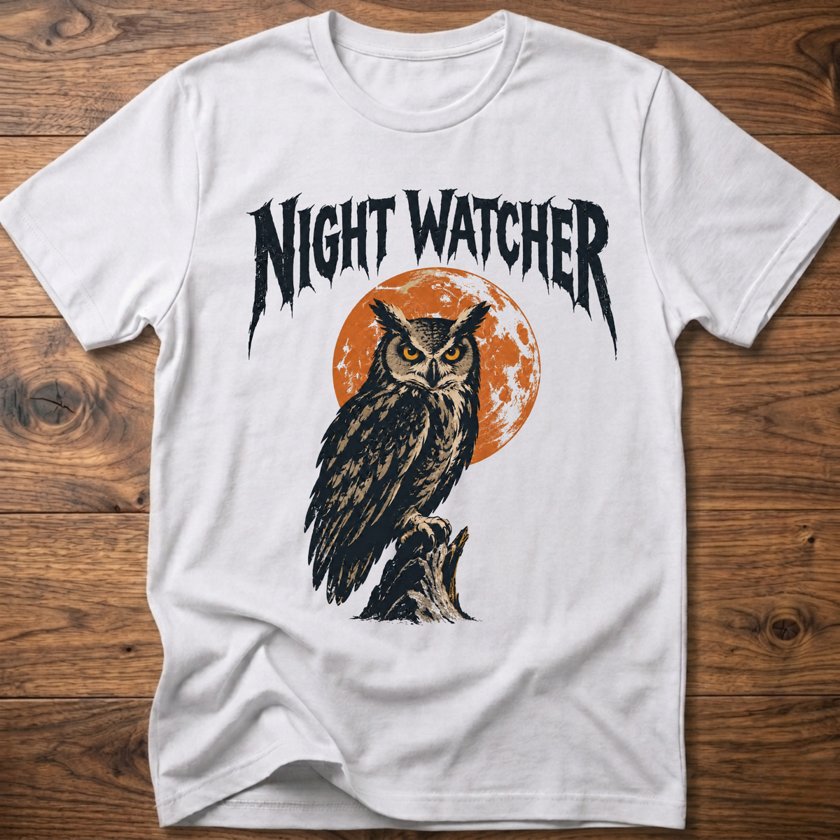 White graphic T-shirt with owl and orange moon, black distressed lettering