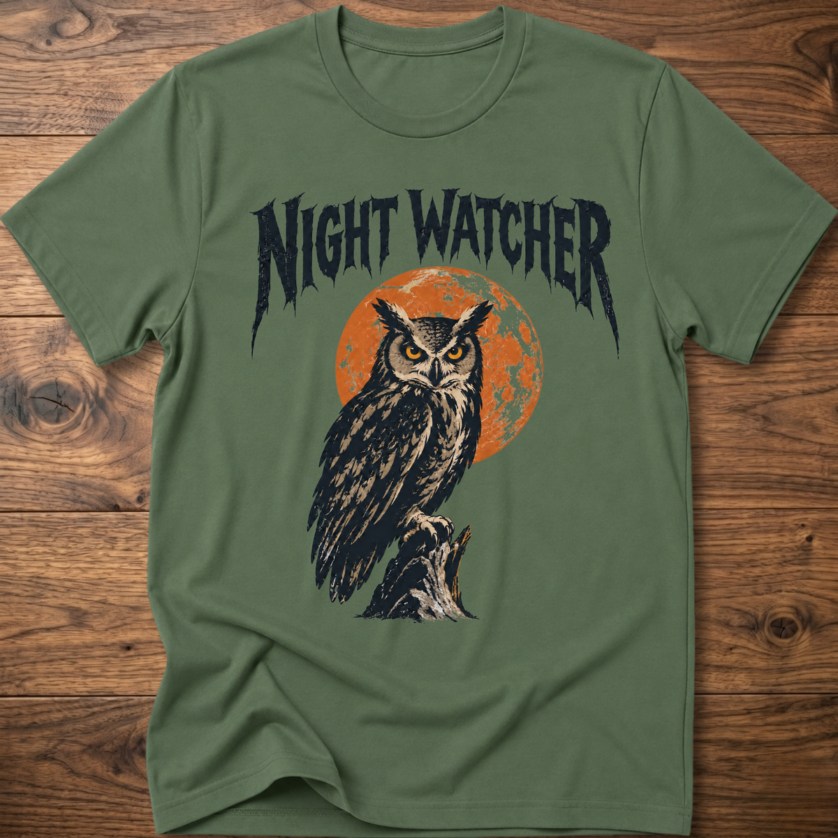 Olive green graphic T-shirt with owl and orange moon, black distressed lettering