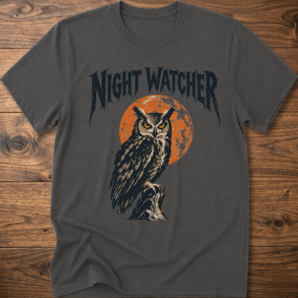 Dark gray graphic T-shirt with owl and orange moon, black distressed lettering