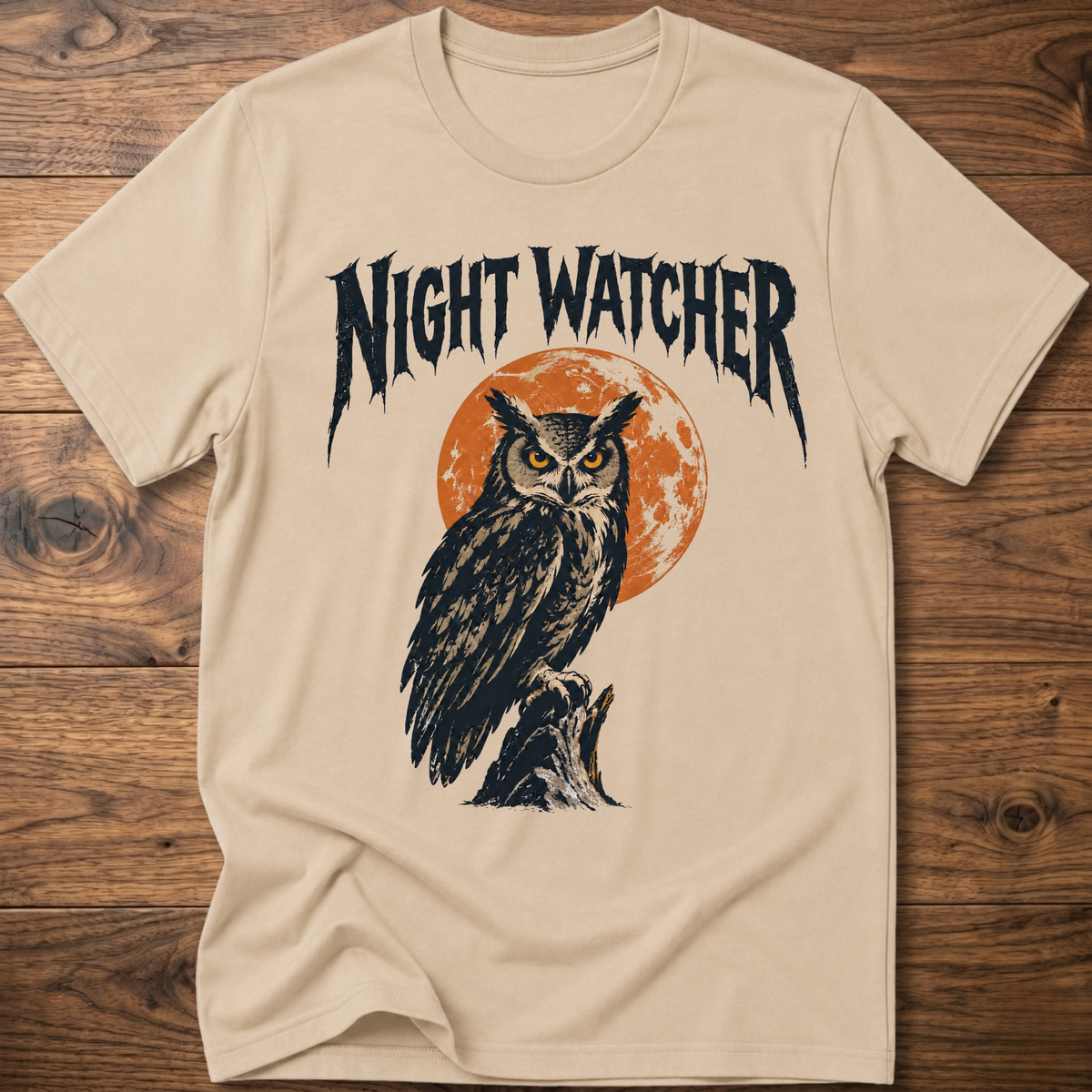 Beige graphic T-shirt with owl and orange moon, black distressed lettering