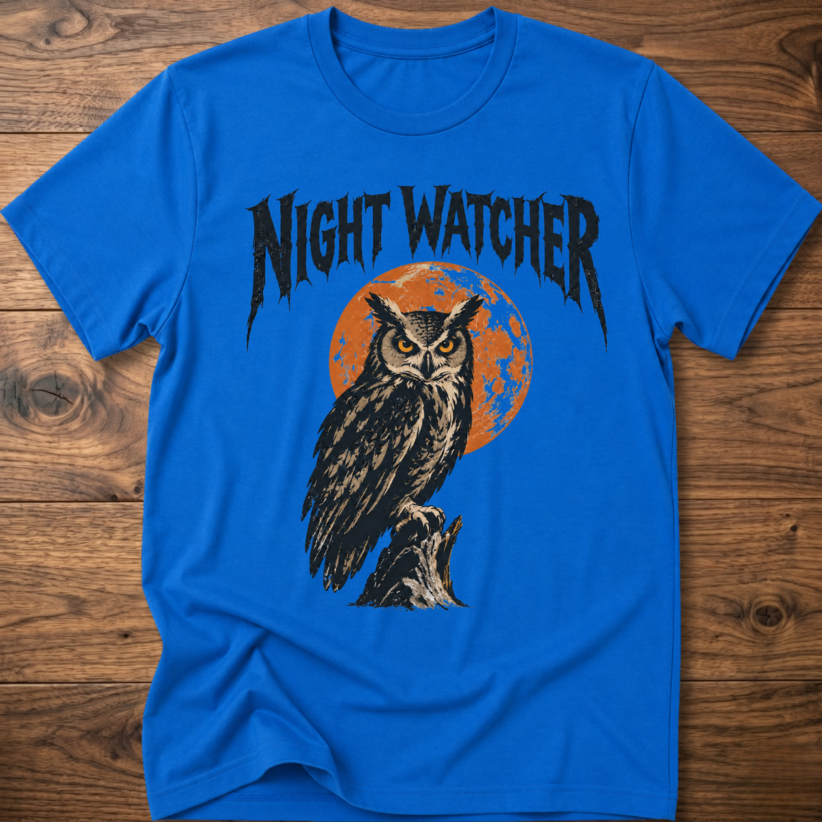 Royal blue graphic T-shirt with owl and orange moon, black distressed lettering