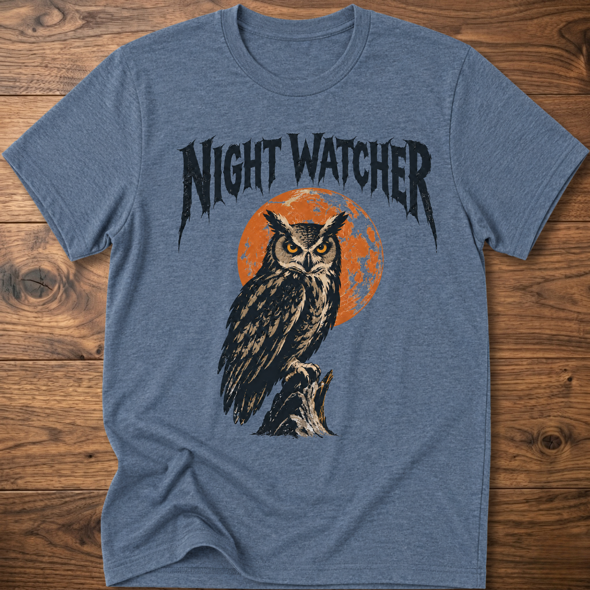 Heather blue graphic T-shirt with owl and orange moon, black distressed lettering