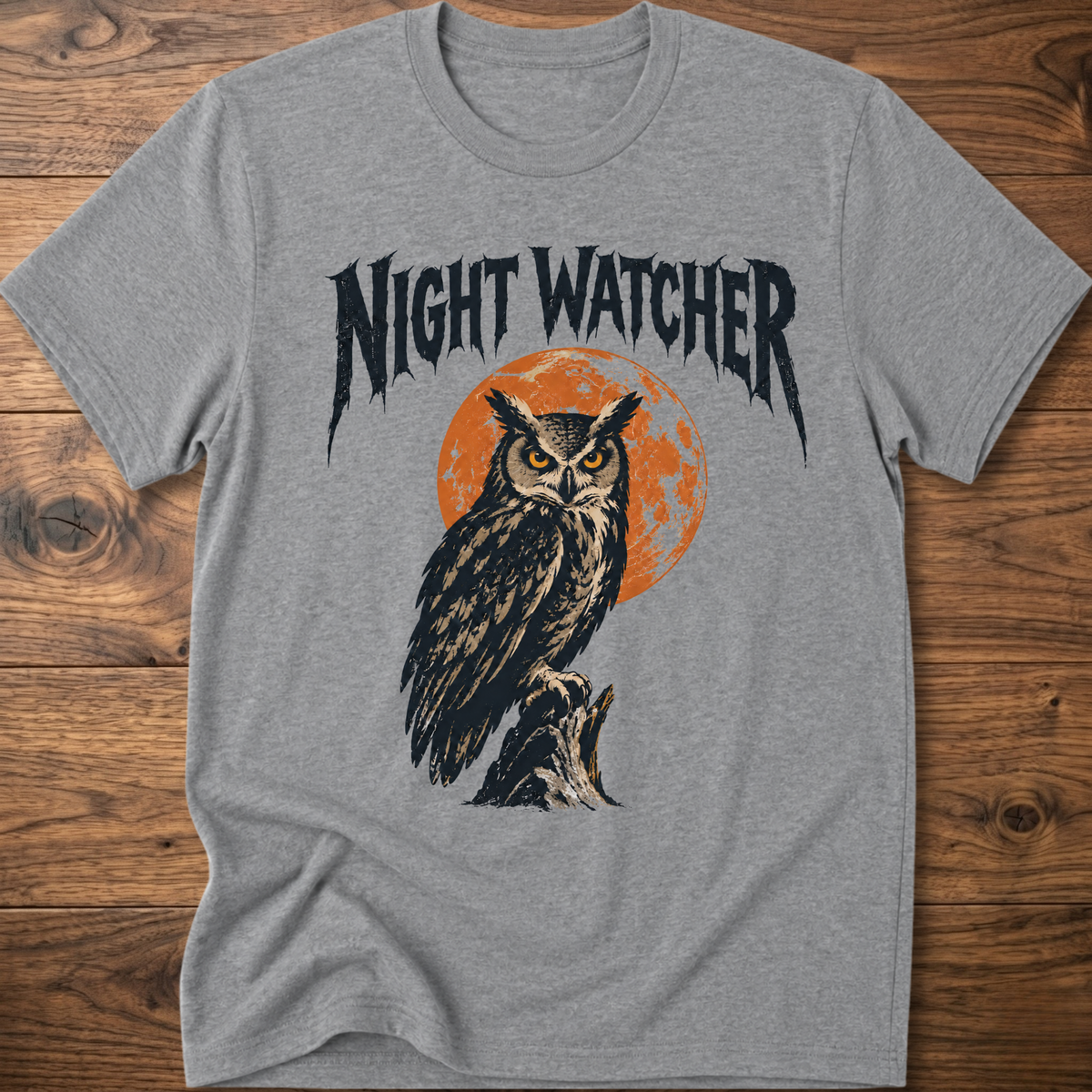 Heather gray graphic T-shirt with owl and orange moon, black distressed lettering