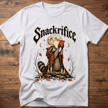 White crew-neck t-shirt with black 'Snackrifice' raccoon moon front graphic