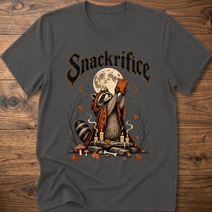 Charcoal crew-neck t-shirt with black 'Snackrifice' raccoon moon front graphic