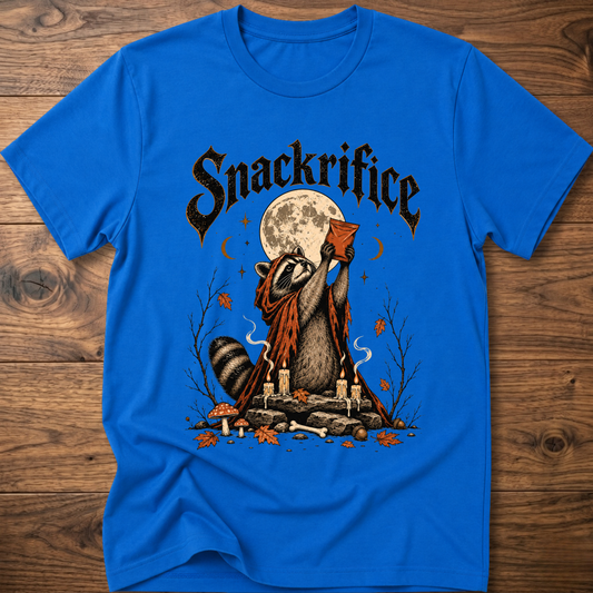 Royal blue crew-neck t-shirt with black 'Snackrifice' raccoon moon front graphic