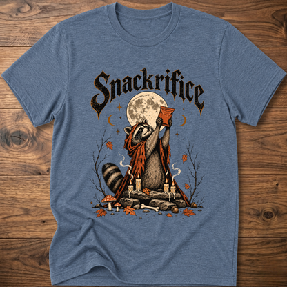 Heather blue crew-neck t-shirt with black 'Snackrifice' raccoon moon front graphic