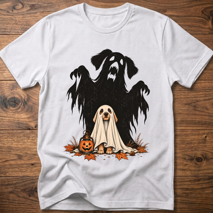 Spooky dog t-shirt, white crew neck with black ghost-dog and white ghost graphic