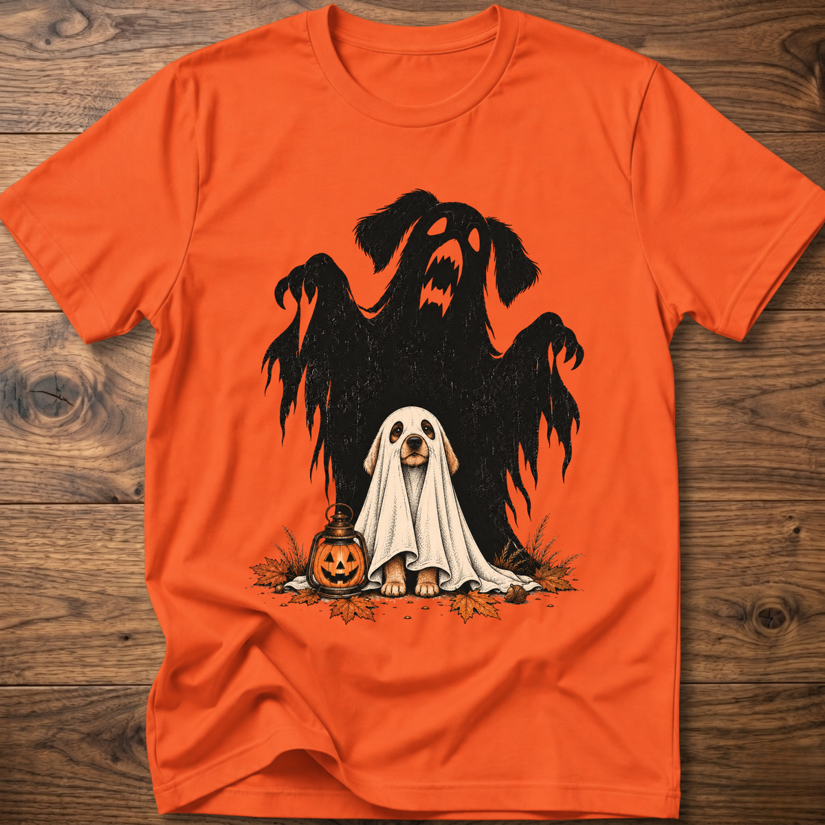 Spooky dog t-shirt, orange crew neck with black ghost-dog and white ghost graphic