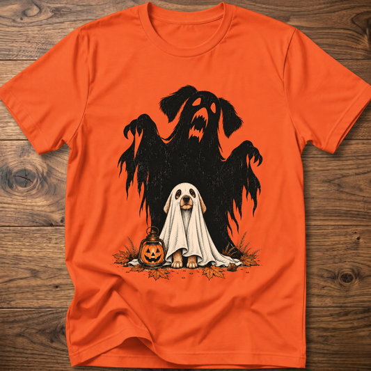 Spooky dog t-shirt, orange crew neck with black ghost-dog and white ghost graphic