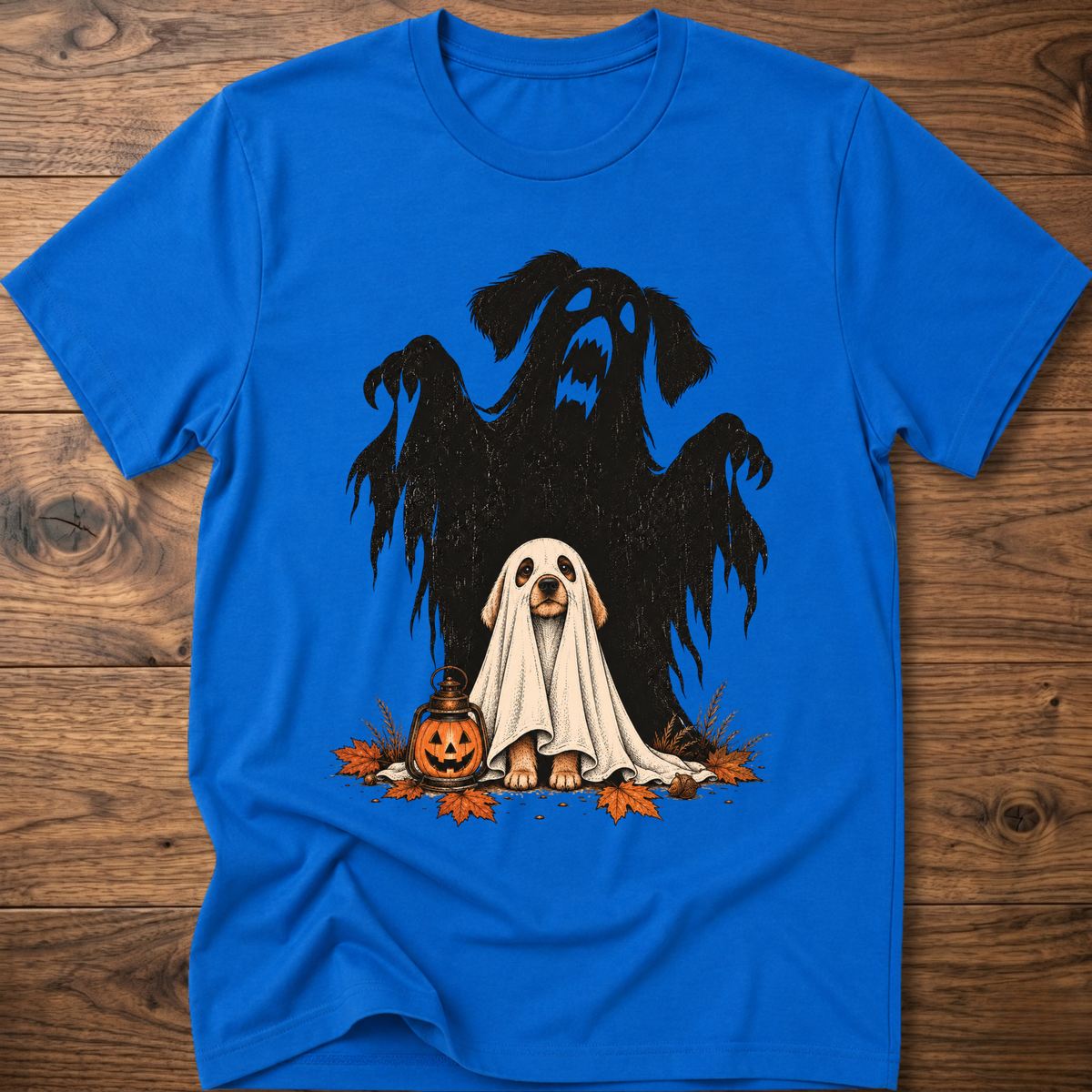 Spooky dog t-shirt, royal blue crew neck with black ghost-dog and white ghost graphic