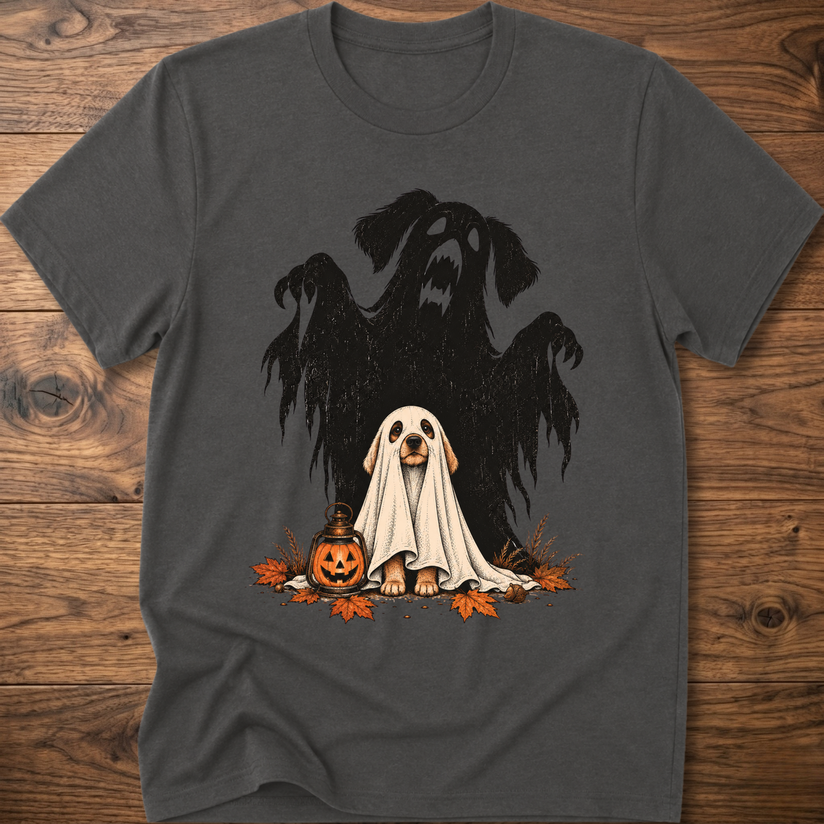 Spooky dog t-shirt, charcoal crew neck with black ghost-dog and white ghost graphic