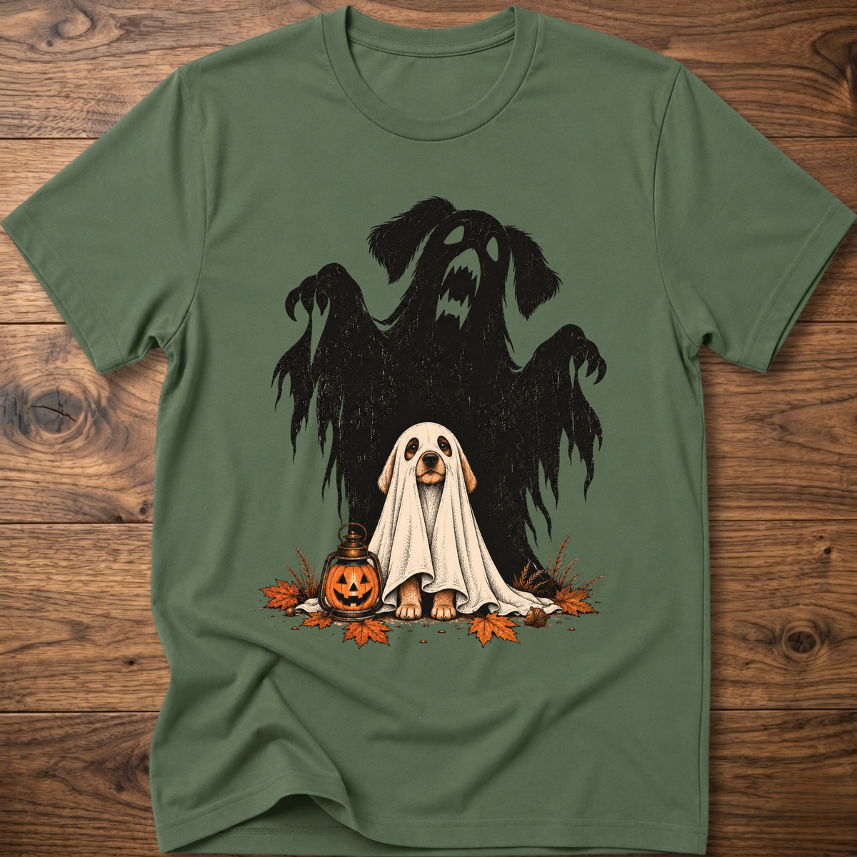 Spooky dog t-shirt, military green crew neck with black ghost-dog and white ghost graphic