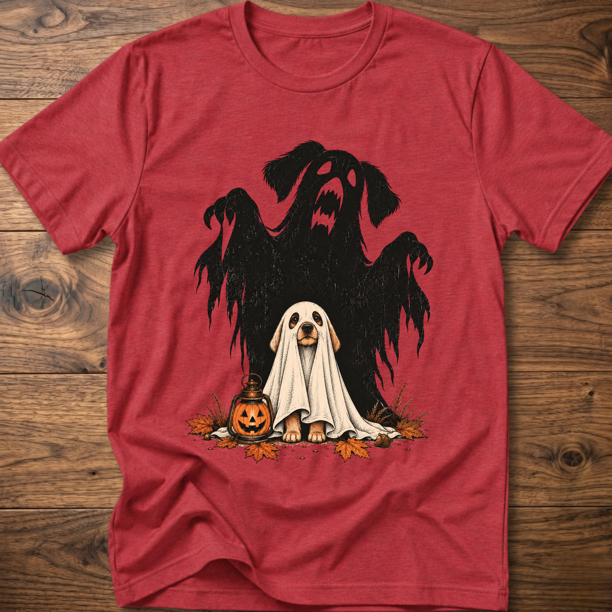 Spooky dog t-shirt, heather red crew neck with black ghost-dog and white ghost graphic