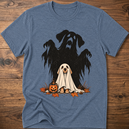 Spooky dog t-shirt, heather indigo crew neck with black ghost-dog and white ghost graphic