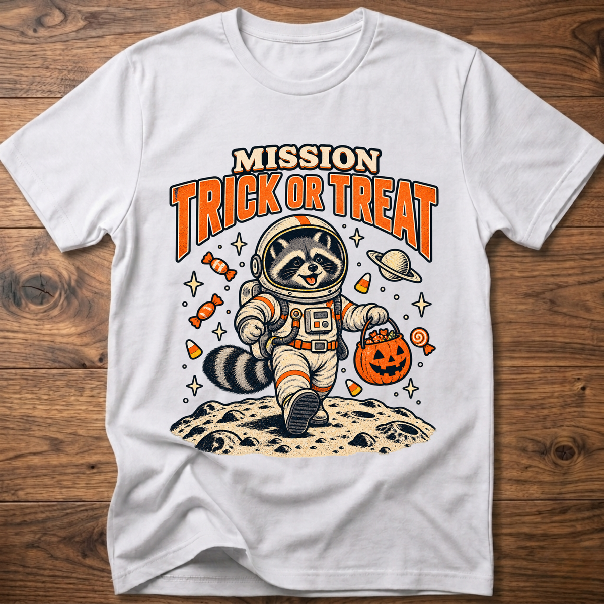 White T-shirt with astronaut raccoon “MISSION TRICK OR TREAT” graphic