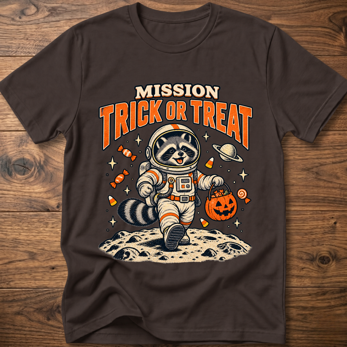 Black T-shirt with astronaut raccoon “MISSION TRICK OR TREAT” graphic