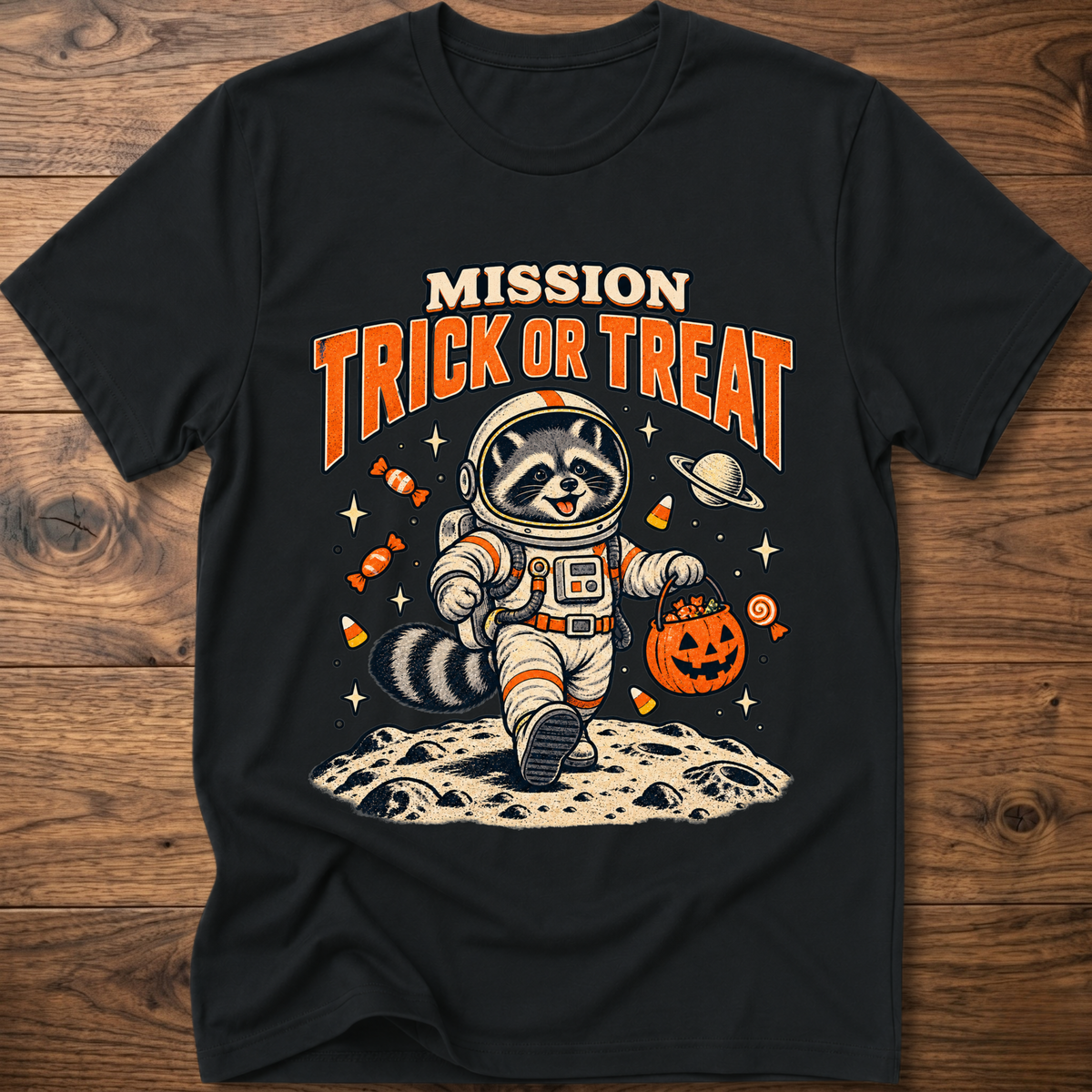 Dark gray T-shirt with astronaut raccoon “MISSION TRICK OR TREAT” graphic